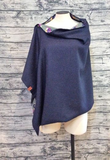 Lightweight Navy Tweed Cape with striking Floral lining