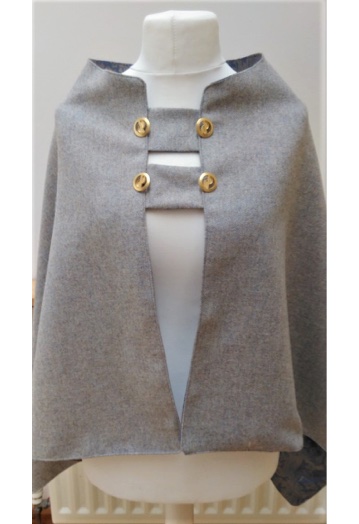 Ice Blue Tweed Cape with Open Front and Sky Blue/Gold Paisley Lining