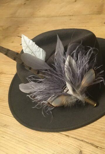 Grey toned Feather Hat Pin in bullet casing