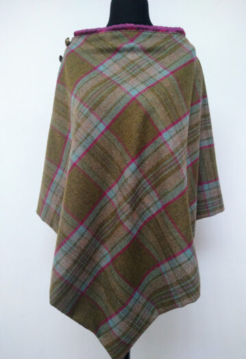 Olive Green & Raspberry Tweed Cape with Fox Print Taffeta Lining
