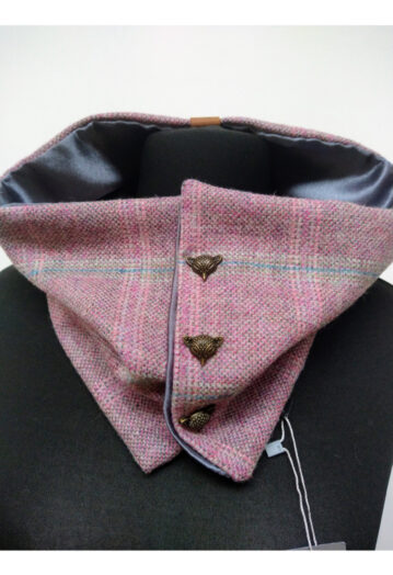 Lilac & Blue Tweed Neck Wrap with Silver Satin Lining & Fox Head Fastenings