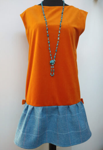Soft Tangerine Velvet and Sapphire Blue Check Tweed Dress
