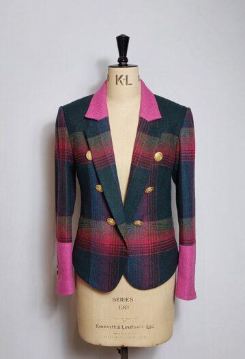 Harrogate Fitted Blazer – Vibrant Bottle Green & Pink check Tweed with Raspberry Full Tweed Contrast (Special Edition)