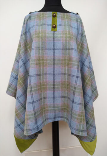Blue, Pink & Green Check Tweed Cape with Paisley Lining