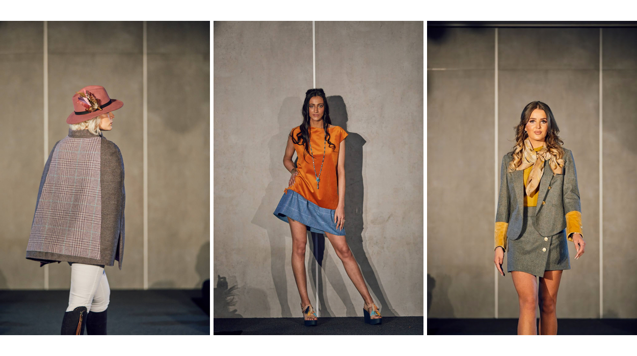 Three images of models on runway at York Fashion Week wearing Galijah tweed clothes