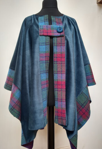 Full Flowing Tweed/Velvet Cape Coat Teal & Raspberry